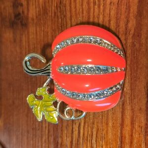 Orange Pumpkin Brooch with Rhinestones Halloween Decor Whimsical Bohemian
